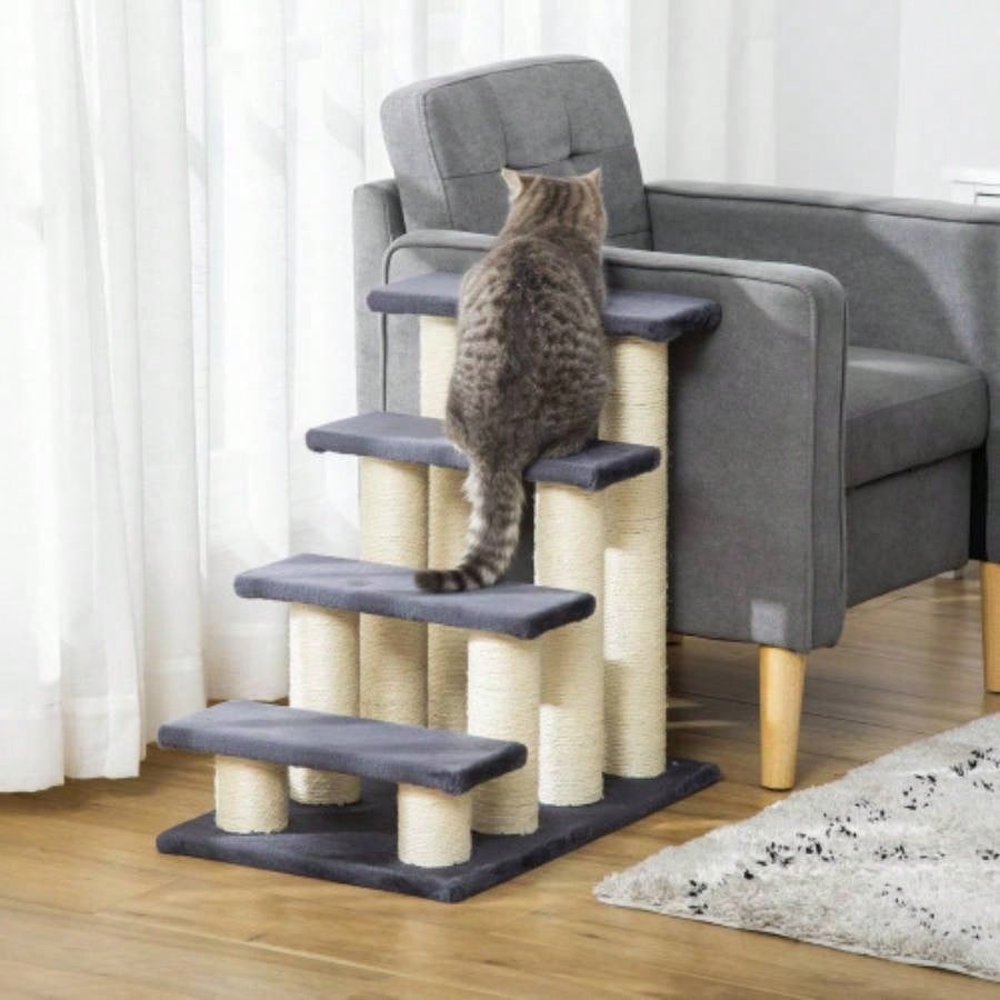 PawHut Tree with 4 Steps High Beds Couch, Cute Stair Shaped Tree Indoor Cats or Dogs/ Sisal Scratching Post, Climbing, Playing, Gray