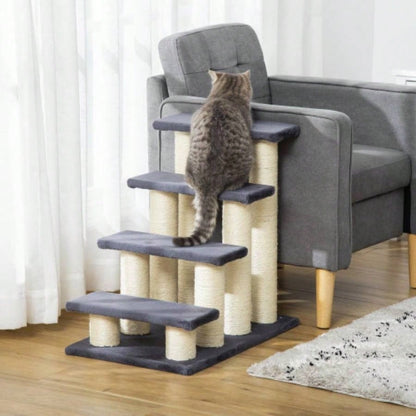 PawHut Tree with 4 Steps High Beds Couch, Cute Stair Shaped Tree Indoor Cats or Dogs/ Sisal Scratching Post, Climbing, Playing, Gray