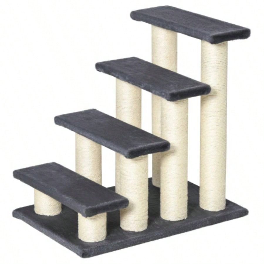 PawHut Tree with 4 Steps High Beds Couch, Cute Stair Shaped Tree Indoor Cats or Dogs/ Sisal Scratching Post, Climbing, Playing, Gray