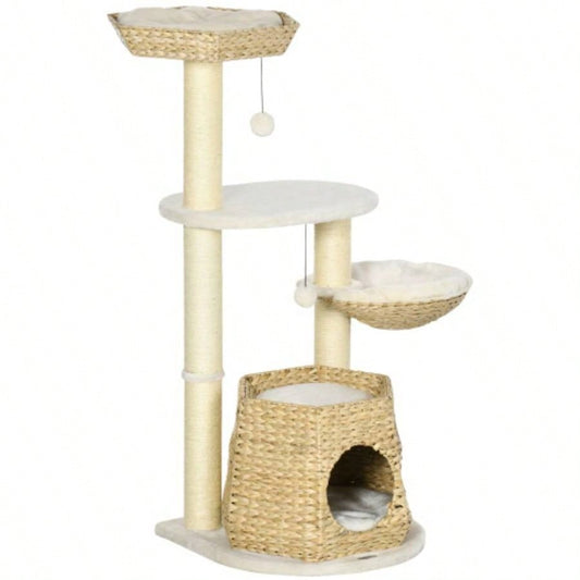 PawHut 47 Tree Activity Center, Climbing Toy with Cattail Fluff, Bed, Condo, Sisal Scratching Post, and Hanging Ball, Natural