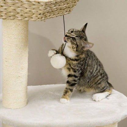 PawHut 47 Tree Activity Center, Climbing Toy with Cattail Fluff, Bed, Condo, Sisal Scratching Post, and Hanging Ball, Natural
