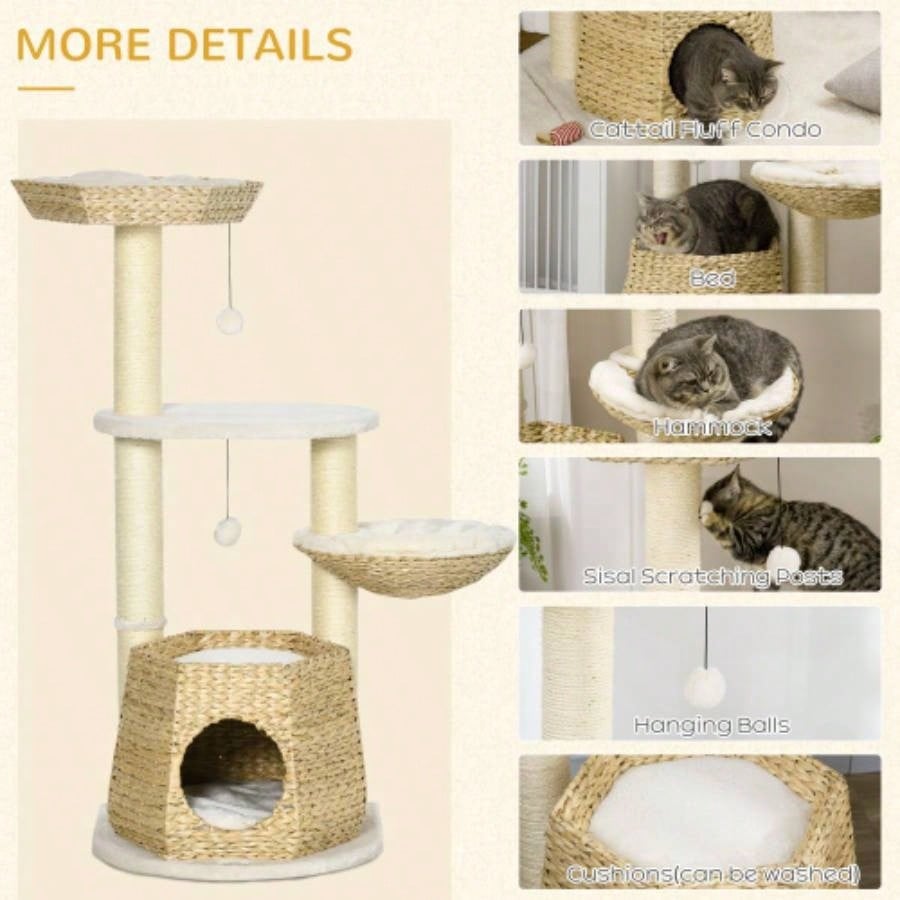 PawHut 47 Tree Activity Center, Climbing Toy with Cattail Fluff, Bed, Condo, Sisal Scratching Post, and Hanging Ball, Natural