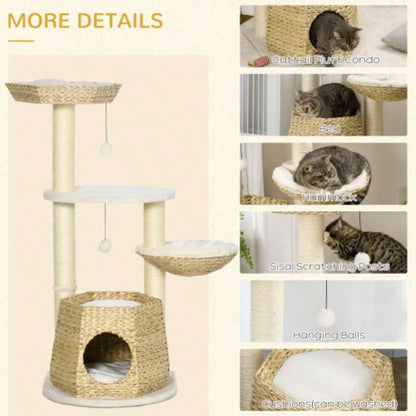 PawHut 47 Tree Activity Center, Climbing Toy with Cattail Fluff, Bed, Condo, Sisal Scratching Post, and Hanging Ball, Natural