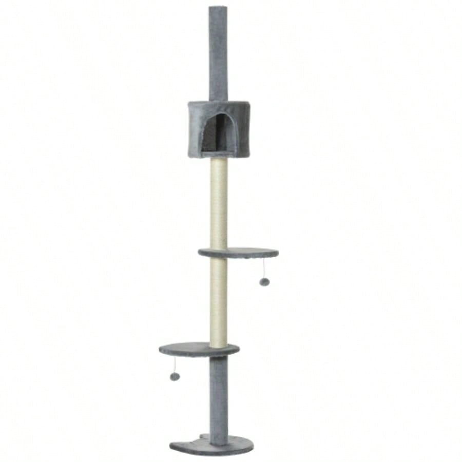 PawHut 85.5 Tree Height Adjustable Floor - to - Ceiling 4 - Tier Climbing Activity Center Condo Toy with Scratching Post Hanging Balls Rest Post Pet Furniture