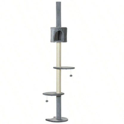 PawHut 85.5 Tree Height Adjustable Floor - to - Ceiling 4 - Tier Climbing Activity Center Condo Toy with Scratching Post Hanging Balls Rest Post Pet Furniture