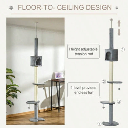 PawHut 85.5 Tree Height Adjustable Floor - to - Ceiling 4 - Tier Climbing Activity Center Condo Toy with Scratching Post Hanging Balls Rest Post Pet Furniture