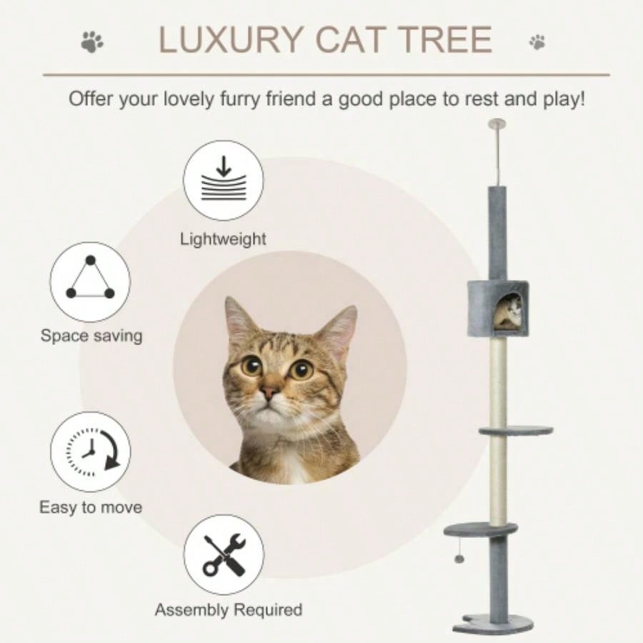 PawHut 85.5 Tree Height Adjustable Floor - to - Ceiling 4 - Tier Climbing Activity Center Condo Toy with Scratching Post Hanging Balls Rest Post Pet Furniture