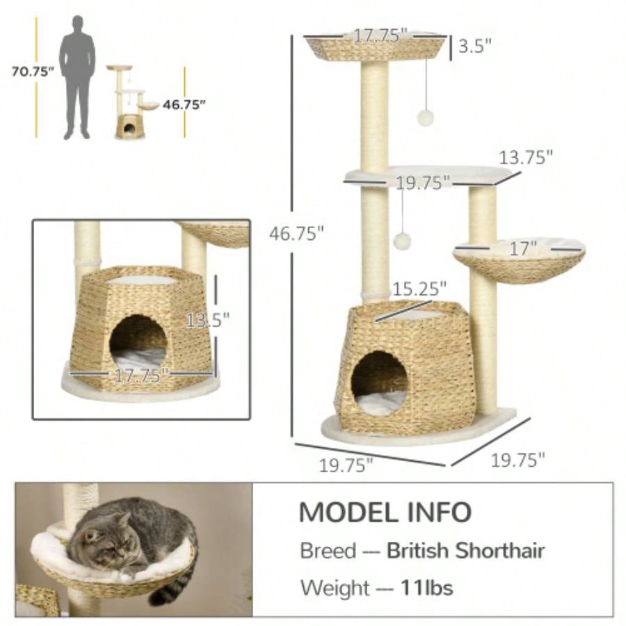 PawHut 47 Tree Activity Center, Climbing Toy with Cattail Fluff, Bed, Condo, Sisal Scratching Post, and Hanging Ball, Natural