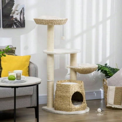 PawHut 47 Tree Activity Center, Climbing Toy with Cattail Fluff, Bed, Condo, Sisal Scratching Post, and Hanging Ball, Natural