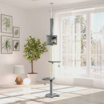 PawHut 85.5 Tree Height Adjustable Floor - to - Ceiling 4 - Tier Climbing Activity Center Condo Toy with Scratching Post Hanging Balls Rest Post Pet Furniture