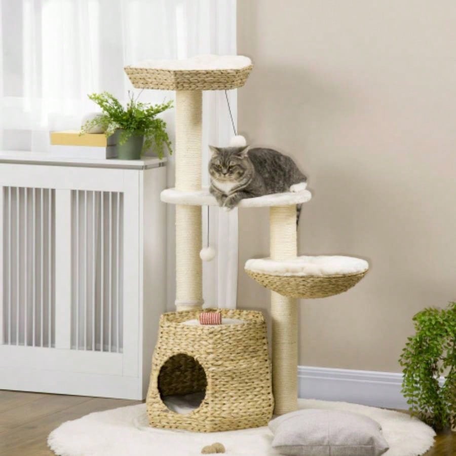 PawHut 47 Tree Activity Center, Climbing Toy with Cattail Fluff, Bed, Condo, Sisal Scratching Post, and Hanging Ball, Natural