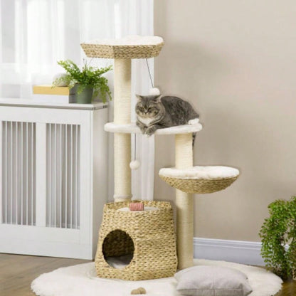 PawHut 47 Tree Activity Center, Climbing Toy with Cattail Fluff, Bed, Condo, Sisal Scratching Post, and Hanging Ball, Natural