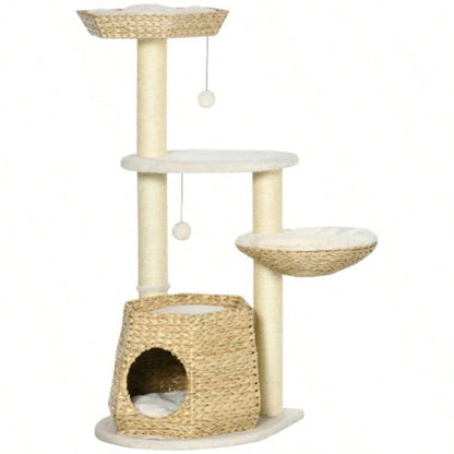PawHut 47 Tree Activity Center, Climbing Toy with Cattail Fluff, Bed, Condo, Sisal Scratching Post, and Hanging Ball, Natural