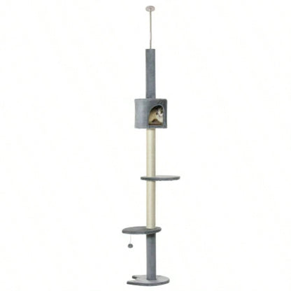 PawHut 85.5 Tree Height Adjustable Floor - to - Ceiling 4 - Tier Climbing Activity Center Condo Toy with Scratching Post Hanging Balls Rest Post Pet Furniture