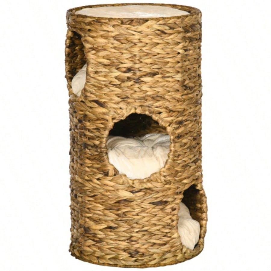 PawHut Elevated Bed with Three Hideaways Four Soft Plush Cushions, Tower with Hand - Woven Materials, Multi - Layer Raised Kitten Bed Caves