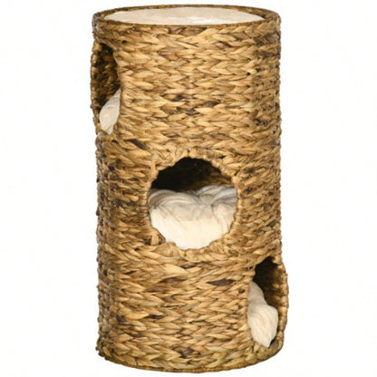 PawHut Elevated Bed with Three Hideaways Four Soft Plush Cushions, Tower with Hand - Woven Materials, Multi - Layer Raised Kitten Bed Caves