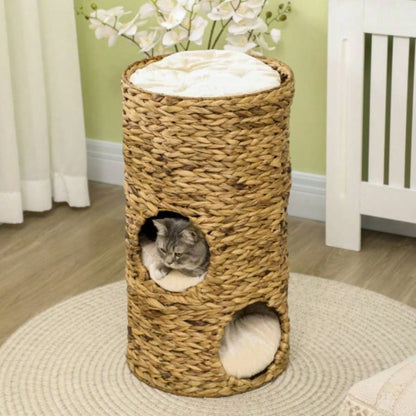 PawHut Elevated Bed with Three Hideaways Four Soft Plush Cushions, Tower with Hand - Woven Materials, Multi - Layer Raised Kitten Bed Caves
