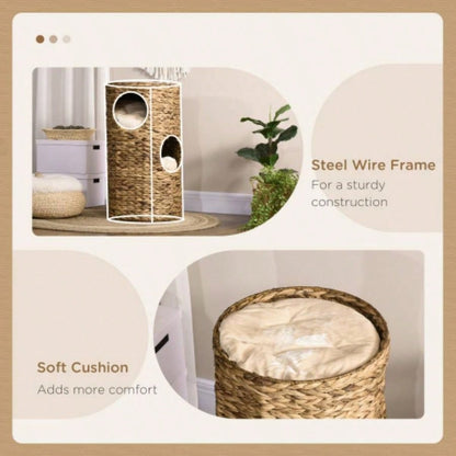 PawHut Elevated Bed with Three Hideaways Four Soft Plush Cushions, Tower with Hand - Woven Materials, Multi - Layer Raised Kitten Bed Caves
