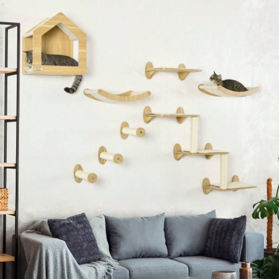 PawHut Unique Tree Made From Shelves with 10 Levels More Height, Wall - Mounted Tree Climbing Playground with Hammocks, Modern Tree