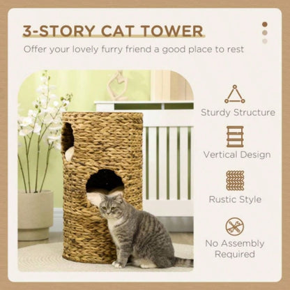 PawHut Elevated Bed with Three Hideaways Four Soft Plush Cushions, Tower with Hand - Woven Materials, Multi - Layer Raised Kitten Bed Caves