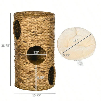 PawHut Elevated Bed with Three Hideaways Four Soft Plush Cushions, Tower with Hand - Woven Materials, Multi - Layer Raised Kitten Bed Caves