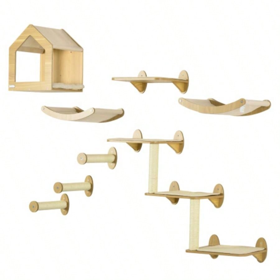 PawHut Unique Tree Made From Shelves with 10 Levels More Height, Wall - Mounted Tree Climbing Playground with Hammocks, Modern Tree