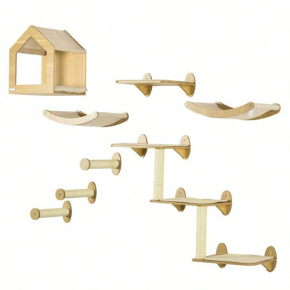 PawHut Unique Tree Made From Shelves with 10 Levels More Height, Wall - Mounted Tree Climbing Playground with Hammocks, Modern Tree