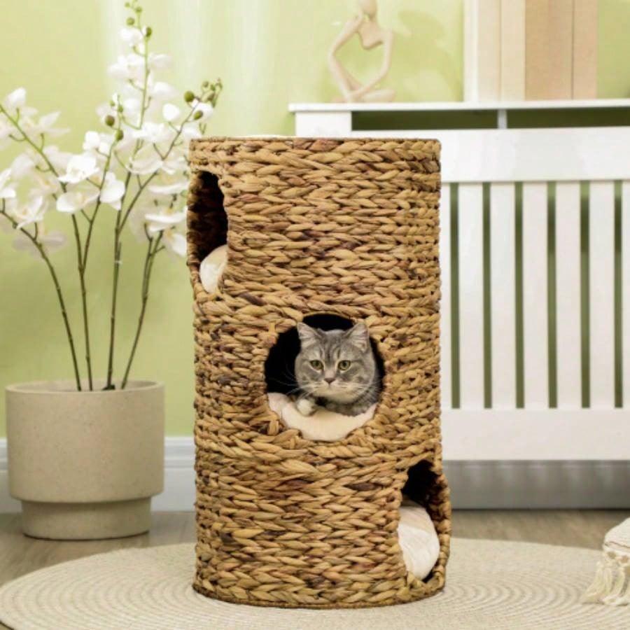PawHut Elevated Bed with Three Hideaways Four Soft Plush Cushions, Tower with Hand - Woven Materials, Multi - Layer Raised Kitten Bed Caves