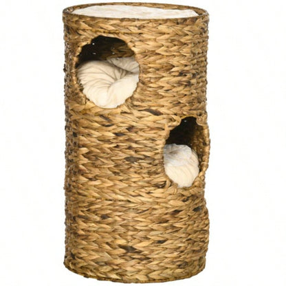 PawHut Elevated Bed with Three Hideaways Four Soft Plush Cushions, Tower with Hand - Woven Materials, Multi - Layer Raised Kitten Bed Caves