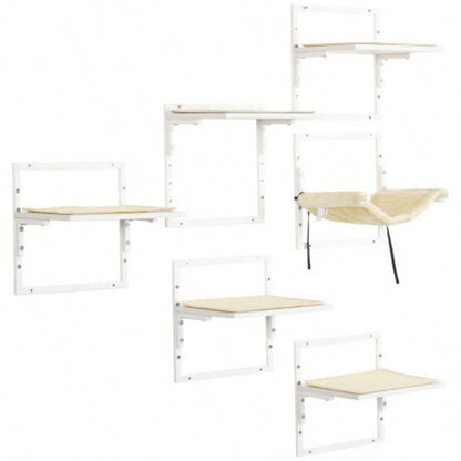 PawHut 6 - pc Modern Wall Shelves Indoor Cats, Height Adjustable Jumping Platforms Hammock, Shelves and Perches Wall - Mounted Tree, Climbing Shelf Set,
