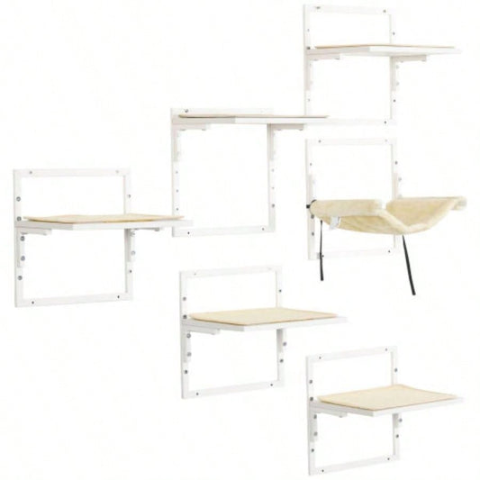 PawHut 6 - pc Modern Wall Shelves Indoor Cats, Height Adjustable Jumping Platforms Hammock, Shelves and Perches Wall - Mounted Tree, Climbing Shelf Set,