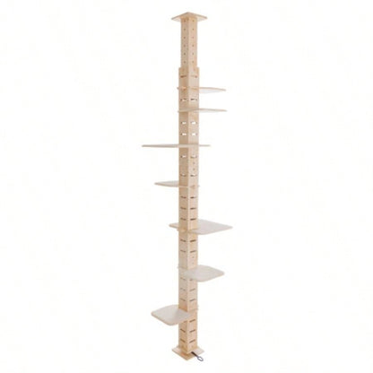9 Adjustable Height Floor - to - Ceiling Tree, Multi - Level Vertical Condo, Climbing Frame Activity Center with Perching Shelves Indoor Cats, Natural