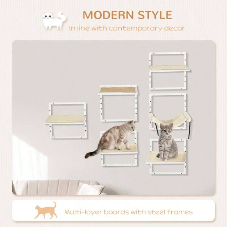 PawHut 6 - pc Modern Wall Shelves Indoor Cats, Height Adjustable Jumping Platforms Hammock, Shelves and Perches Wall - Mounted Tree, Climbing Shelf Set,