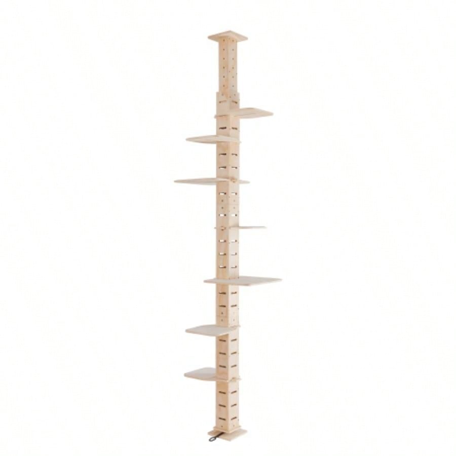 9 Adjustable Height Floor - to - Ceiling Tree, Multi - Level Vertical Condo, Climbing Frame Activity Center with Perching Shelves Indoor Cats, Natural