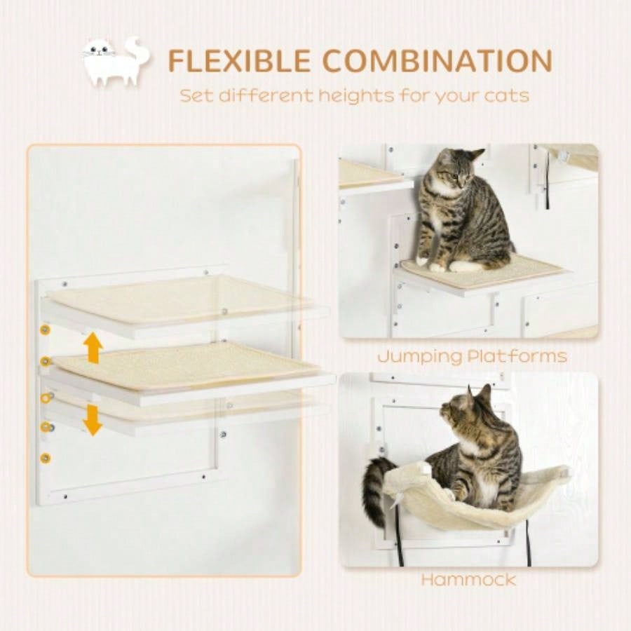 PawHut 6 - pc Modern Wall Shelves Indoor Cats, Height Adjustable Jumping Platforms Hammock, Shelves and Perches Wall - Mounted Tree, Climbing Shelf Set,