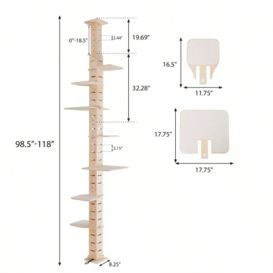 9 Adjustable Height Floor - to - Ceiling Tree, Multi - Level Vertical Condo, Climbing Frame Activity Center with Perching Shelves Indoor Cats, Natural