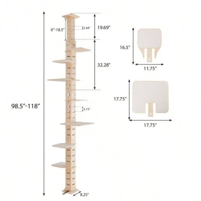 9 Adjustable Height Floor - to - Ceiling Tree, Multi - Level Vertical Condo, Climbing Frame Activity Center with Perching Shelves Indoor Cats, Natural