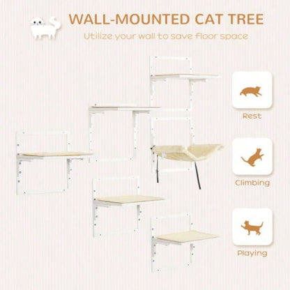 PawHut 6 - pc Modern Wall Shelves Indoor Cats, Height Adjustable Jumping Platforms Hammock, Shelves and Perches Wall - Mounted Tree, Climbing Shelf Set,