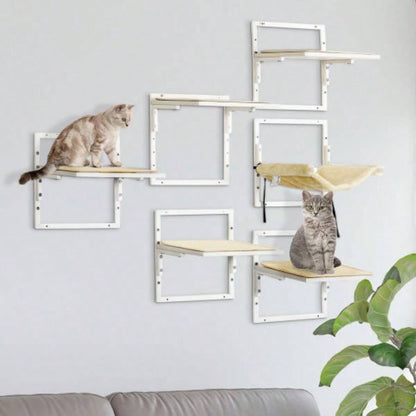 PawHut 6 - pc Modern Wall Shelves Indoor Cats, Height Adjustable Jumping Platforms Hammock, Shelves and Perches Wall - Mounted Tree, Climbing Shelf Set,