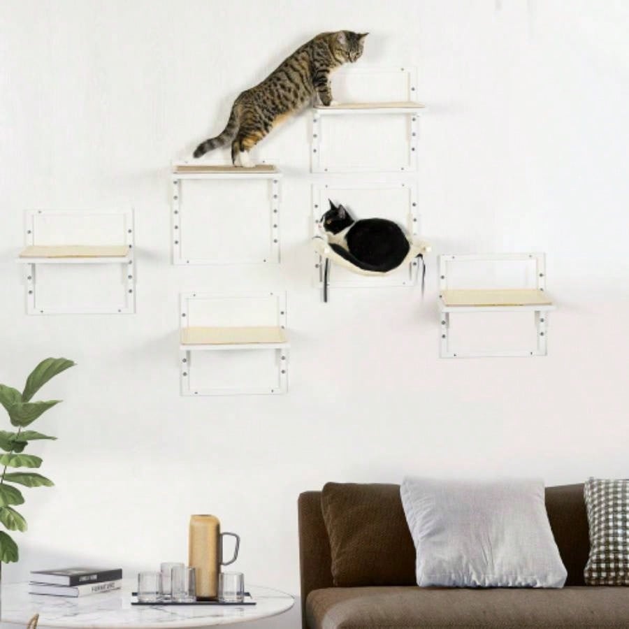 PawHut 6 - pc Modern Wall Shelves Indoor Cats, Height Adjustable Jumping Platforms Hammock, Shelves and Perches Wall - Mounted Tree, Climbing Shelf Set,