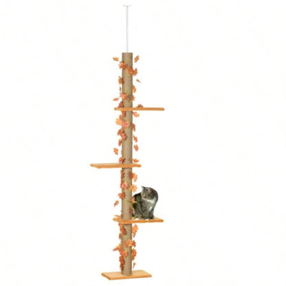 Pawhut Floor to Ceiling Tree, 80 - 95 Adjustable Tall Tower, 3 - Level Climbing Towe Indoor Cats with Sisal Scratching Post, Platforms, Leaves, Orange