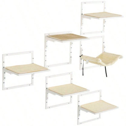 PawHut 6 - pc Modern Wall Shelves Indoor Cats, Height Adjustable Jumping Platforms Hammock, Shelves and Perches Wall - Mounted Tree, Climbing Shelf Set,