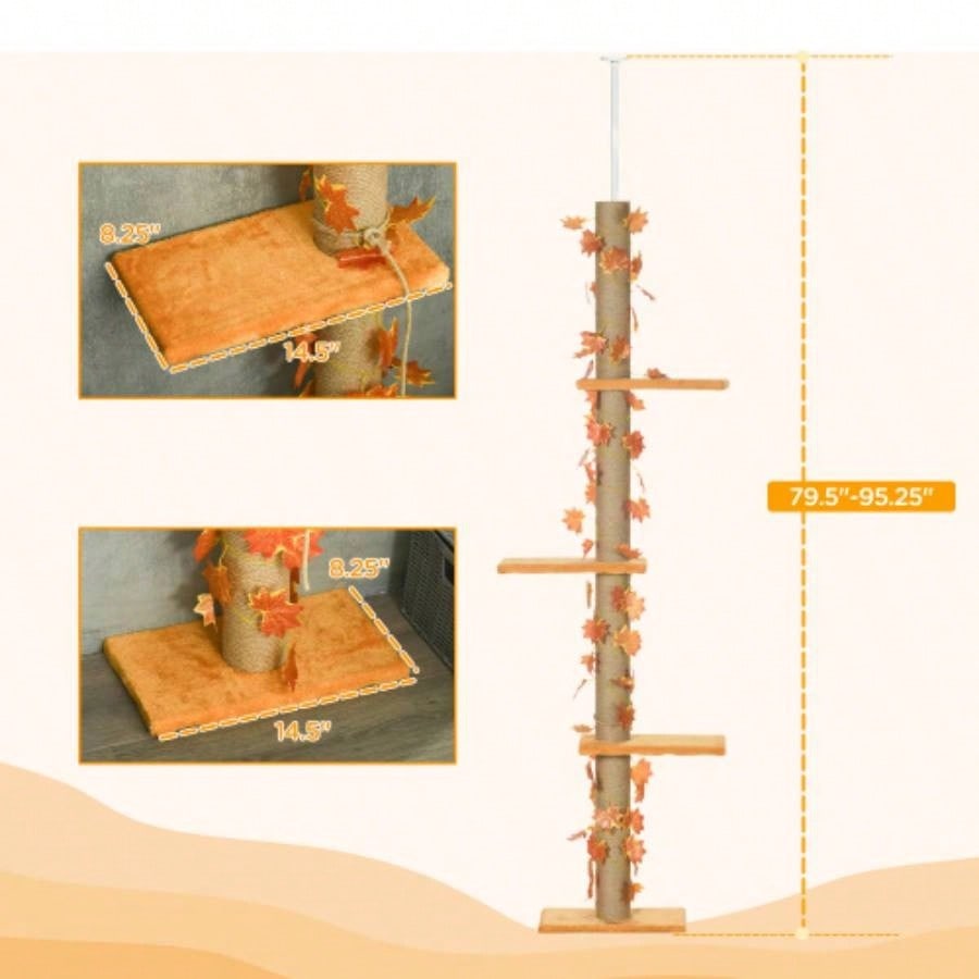 Pawhut Floor to Ceiling Tree, 80 - 95 Adjustable Tall Tower, 3 - Level Climbing Towe Indoor Cats with Sisal Scratching Post, Platforms, Leaves, Orange