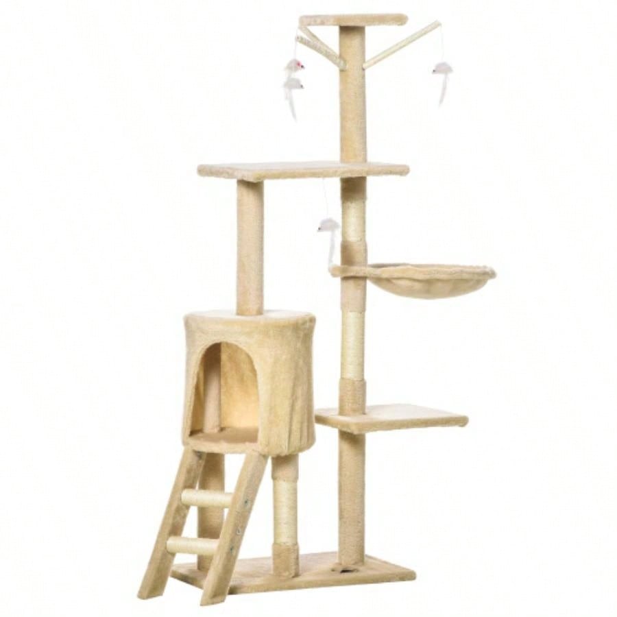 PawHut 53 Plush Sturdy Interactive Condo Tower Scratching Post Activity Tree House - Beige
