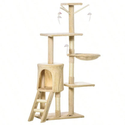 PawHut 53 Plush Sturdy Interactive Condo Tower Scratching Post Activity Tree House - Beige