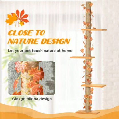 Pawhut Floor to Ceiling Tree, 80 - 95 Adjustable Tall Tower, 3 - Level Climbing Towe Indoor Cats with Sisal Scratching Post, Platforms, Leaves, Orange