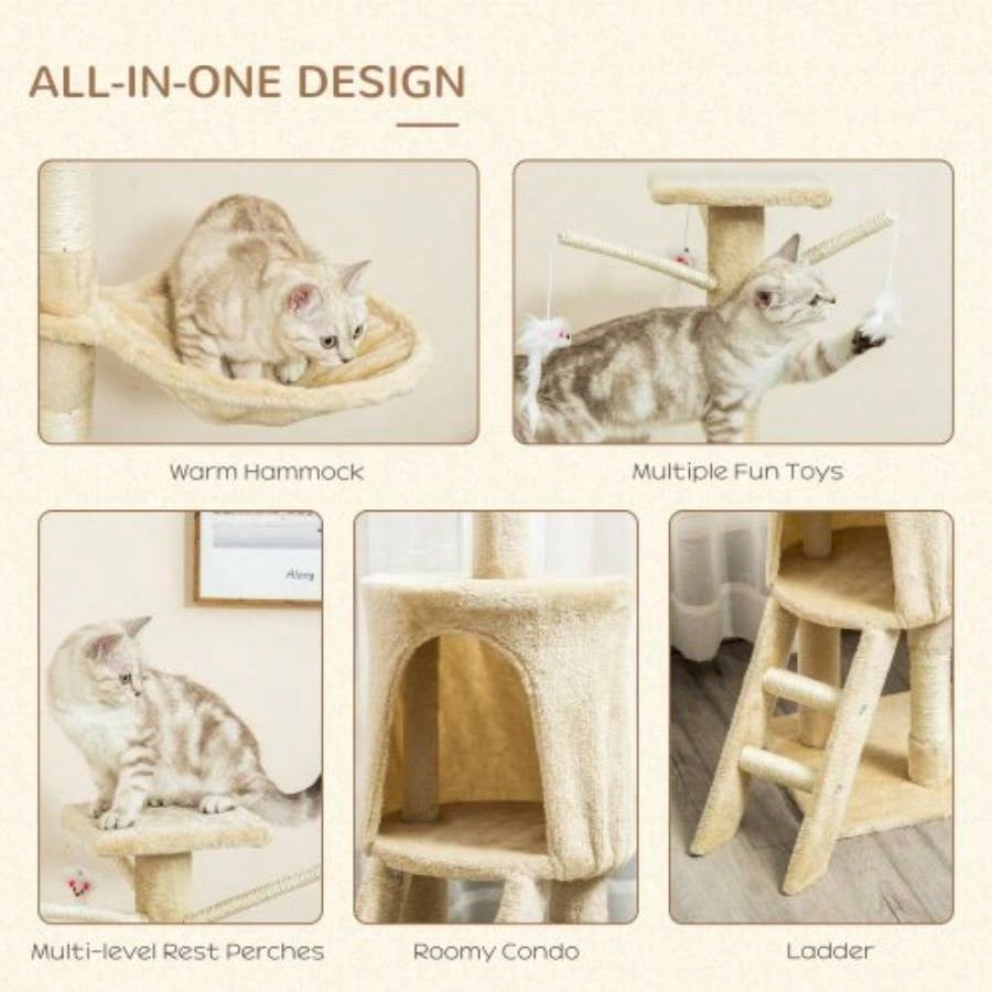 PawHut 53 Plush Sturdy Interactive Condo Tower Scratching Post Activity Tree House - Beige