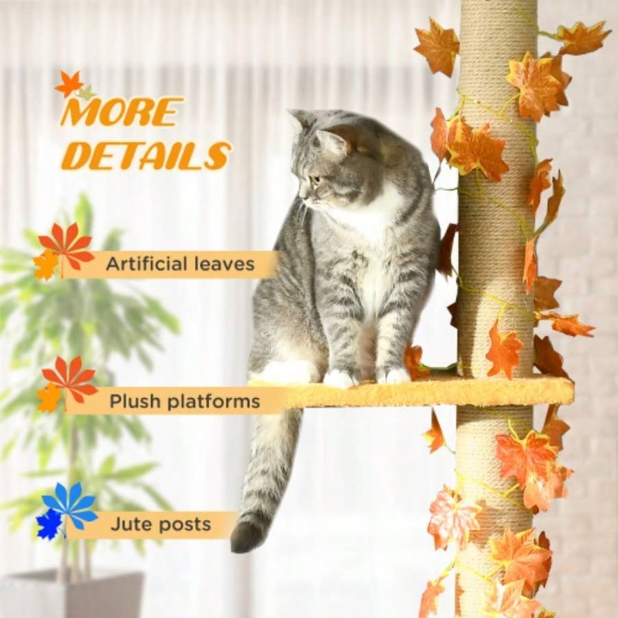 Pawhut Floor to Ceiling Tree, 80 - 95 Adjustable Tall Tower, 3 - Level Climbing Towe Indoor Cats with Sisal Scratching Post, Platforms, Leaves, Orange