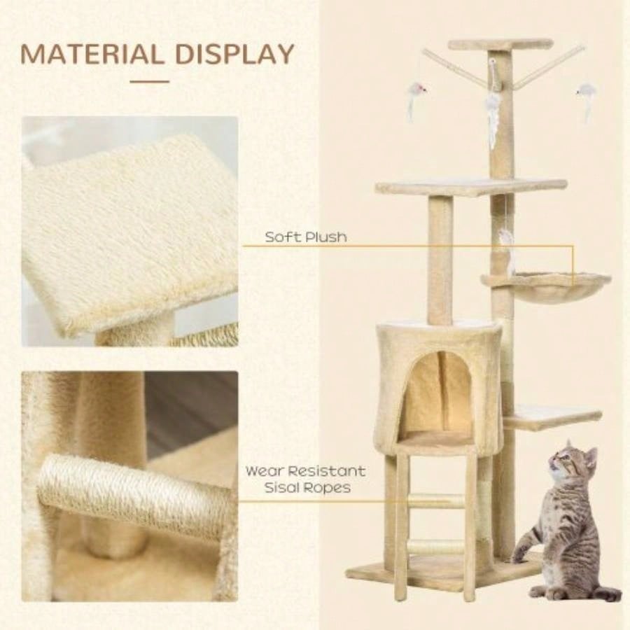 PawHut 53 Plush Sturdy Interactive Condo Tower Scratching Post Activity Tree House - Beige