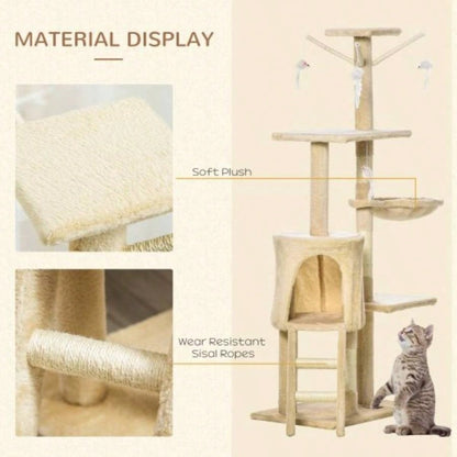 PawHut 53 Plush Sturdy Interactive Condo Tower Scratching Post Activity Tree House - Beige